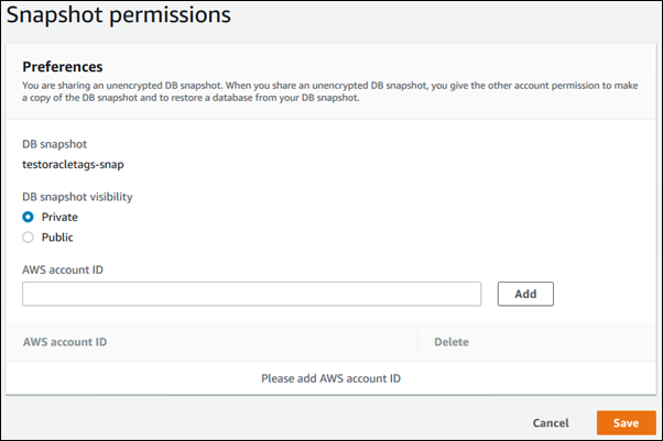 
                                Permitir que Contas da AWS restaurem um snapshot manual de cluster de banco de dados
                            