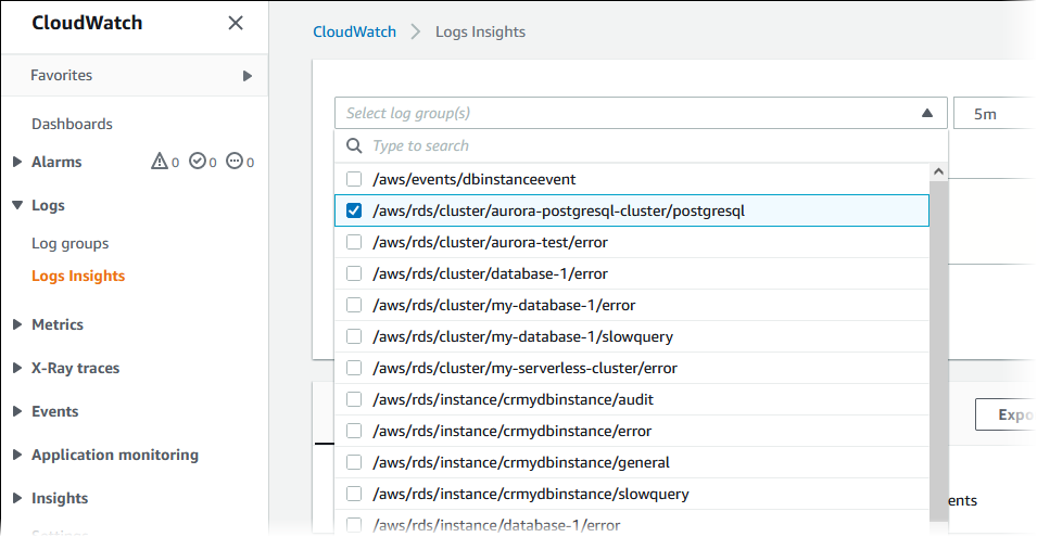 
                        Escolha o grupo de logs do Aurora PostgreSQL.
                    