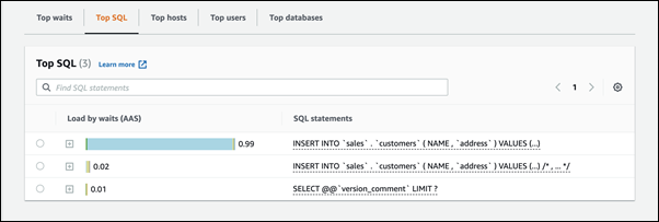 
                        Instruções de inserção em Top SQL (SQL principal)
                    