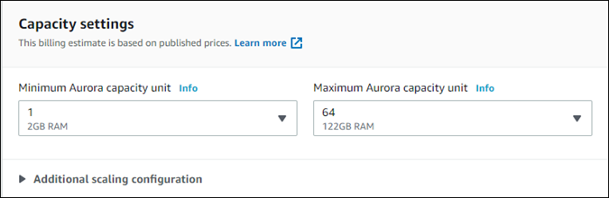 Para criar o clone do Serverless a partir de um cluster de banco de dados do Aurora, especifique a capacidade.