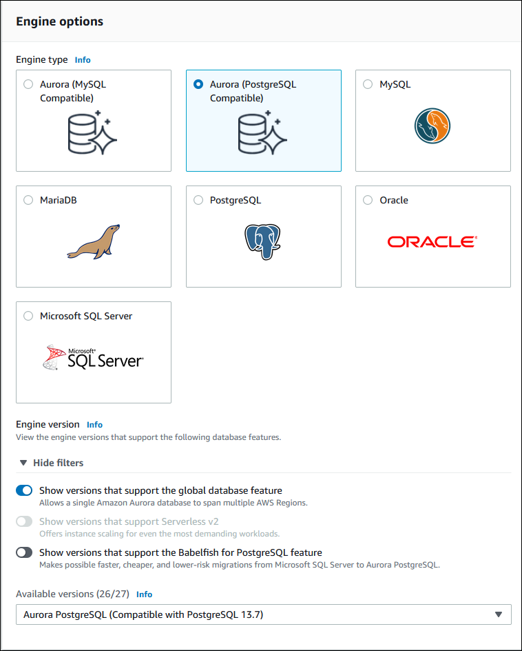 
                        Captura de tela de Tipo de mecanismo, Versão do mecanismo e opções de versão ao criar um cluster de bancos de dados do Aurora PostgreSQL (primeira fase do banco de dados Aurora global).
                      