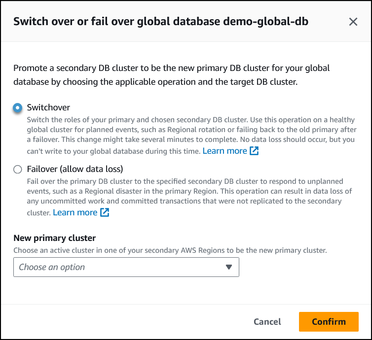 
                    Caixa de diálogo “Fazer troca ou failover do banco de dados global” com a opção “Fazer failover (permitir perda de dados)” selecionada.
                  