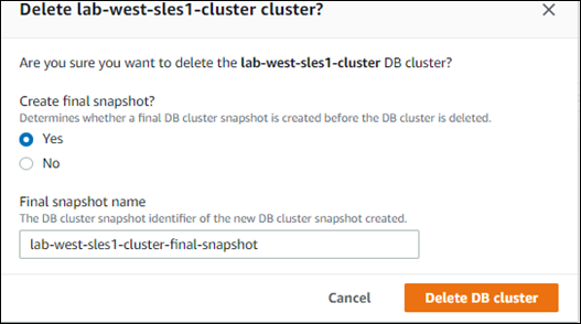 
                Captura de tela da exclusão do cluster Aurora Serverless v1 de banco de dados
              