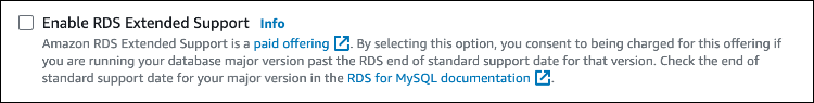 A configuração “Habilitar Suporte estendido do RDS” na seção “Opções do mecanismo”.