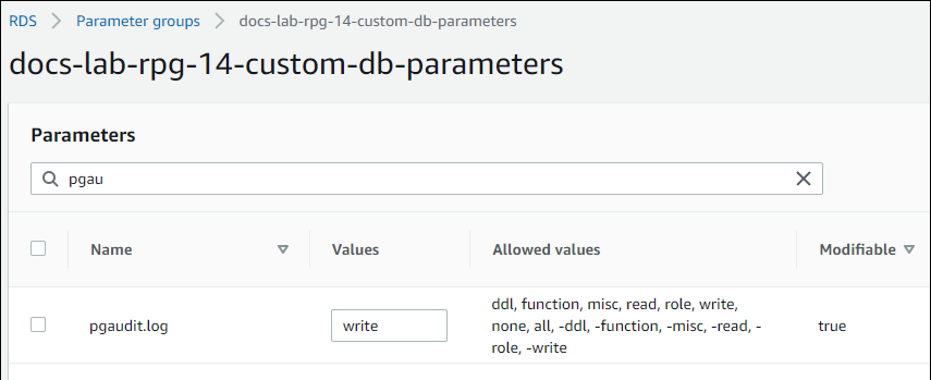 Imagem do parâmetro pgaudit.log com a configuração.