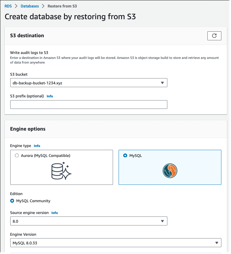 
                                A página em que você especifica os detalhes para restaurar uma instância de banco de dados a partir do S3
                            