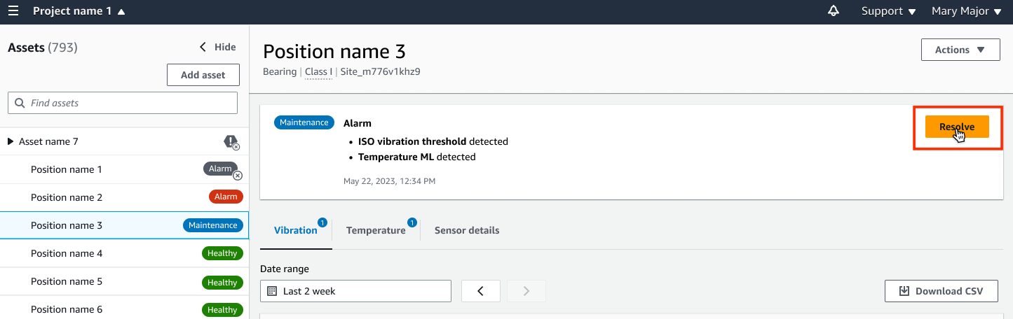 Asset management interface showing alarms for vibration and temperature on Position name 3.