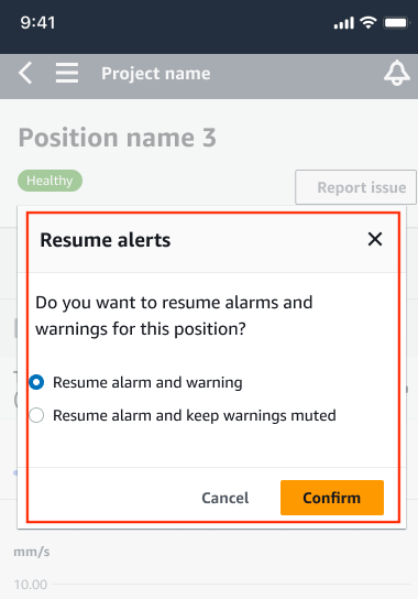 Dialog box prompting to resume alarms and warnings for a position, with options to select.