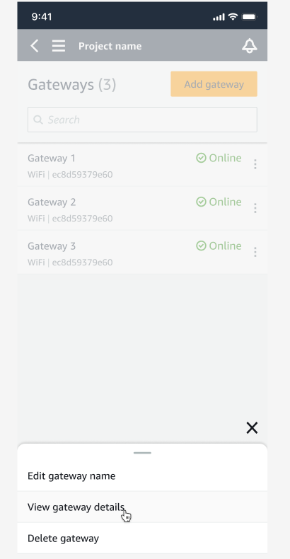 Gateway management interface showing three online gateways and a context menu for gateway actions.