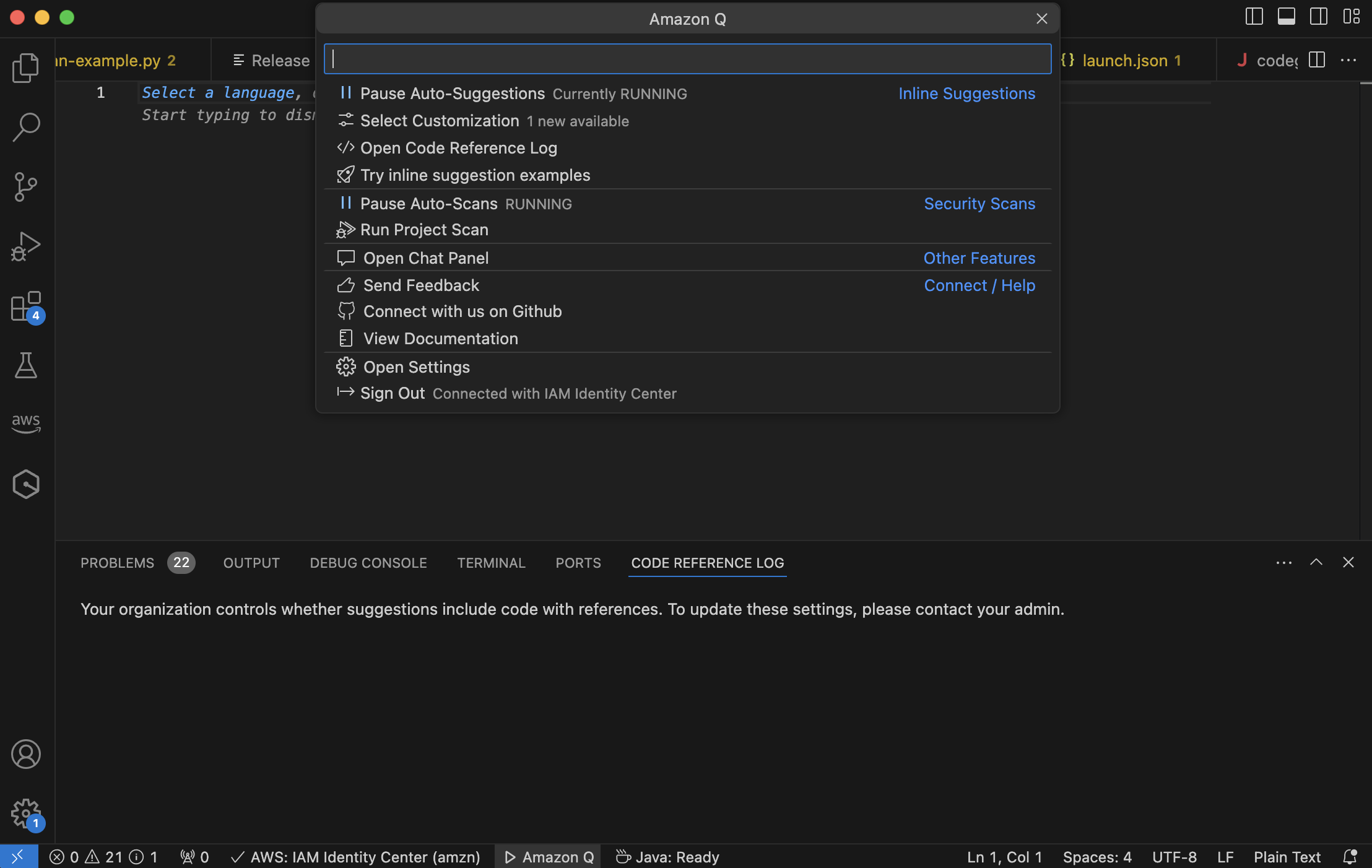 O login de referência do Amazon Q code no Visual Studio Code.