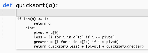 Uma captura de tela que exibe uma recomendação do Amazon Q para uma implementação de função inteira do algoritmo quicksort.