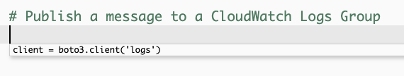 Uma captura de tela que mostra a primeira recomendação do Amazon Q quando solicitada uma função que publica mensagens em um grupo de registros de CloudWatch registros.