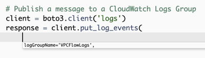 Uma captura de tela que mostra as próximas recomendações do Amazon Q que começam a formar a implementação da função de publicar mensagens em um grupo de CloudWatch registros de registros.