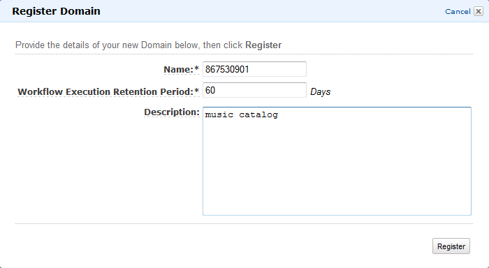 
                Caixa de diálogo Register Domain (Registrar domínio)
              