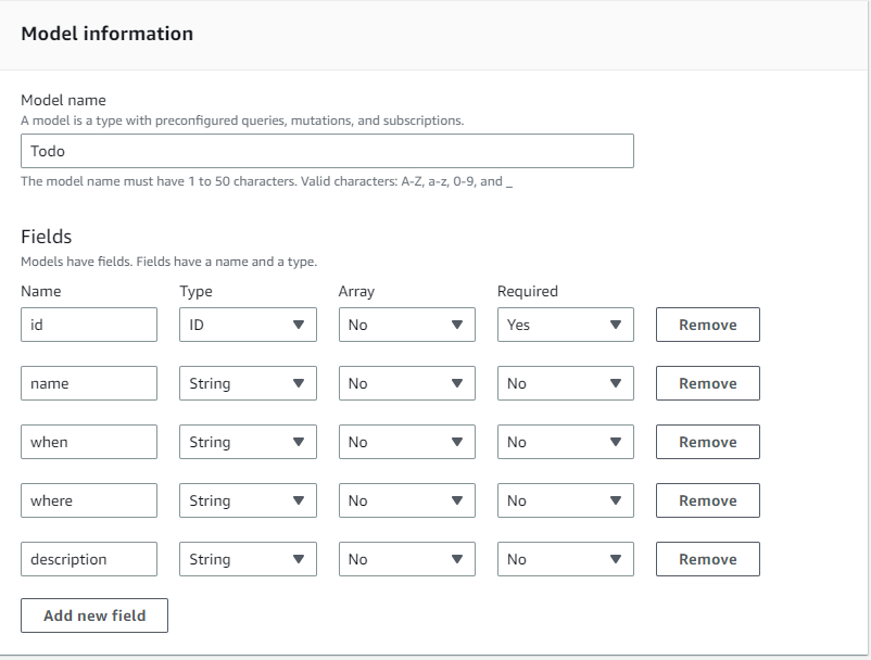 Form fields for creating a model with fields for id, name, when, where, and description. (AI generated)