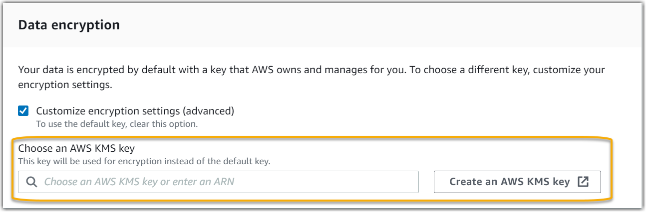 Captura de tela da configuração de criptografia personalizada para a configuração do Audit Manager.