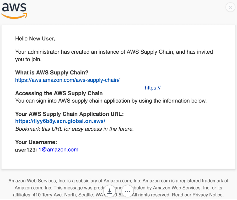 Email invitation to join Cadeia de Suprimentos AWS with application URL and username details.