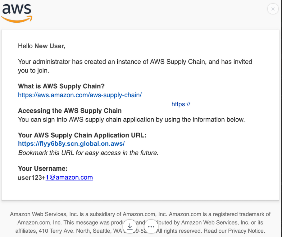 Welcome message for new Cadeia de Suprimentos AWS user with login information and application URL.