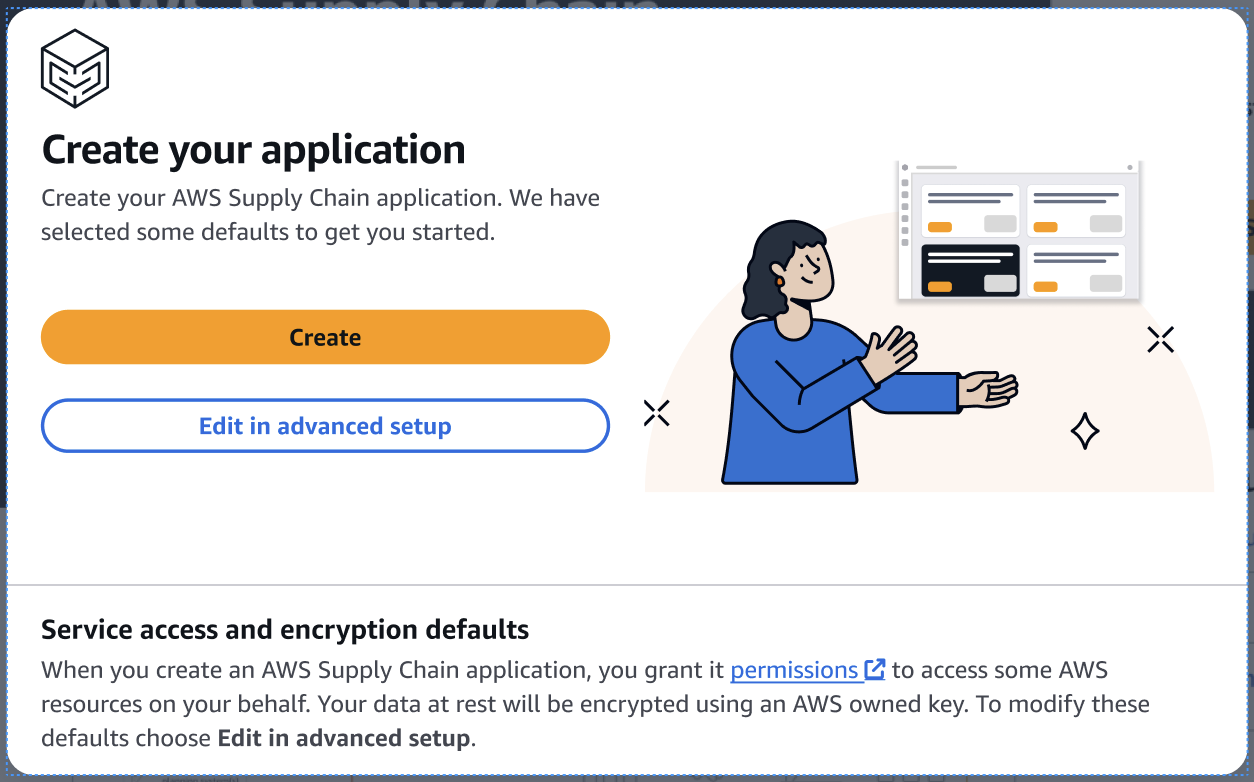 Interface for creating Cadeia de Suprimentos AWS application with options to create or edit in advanced setup.