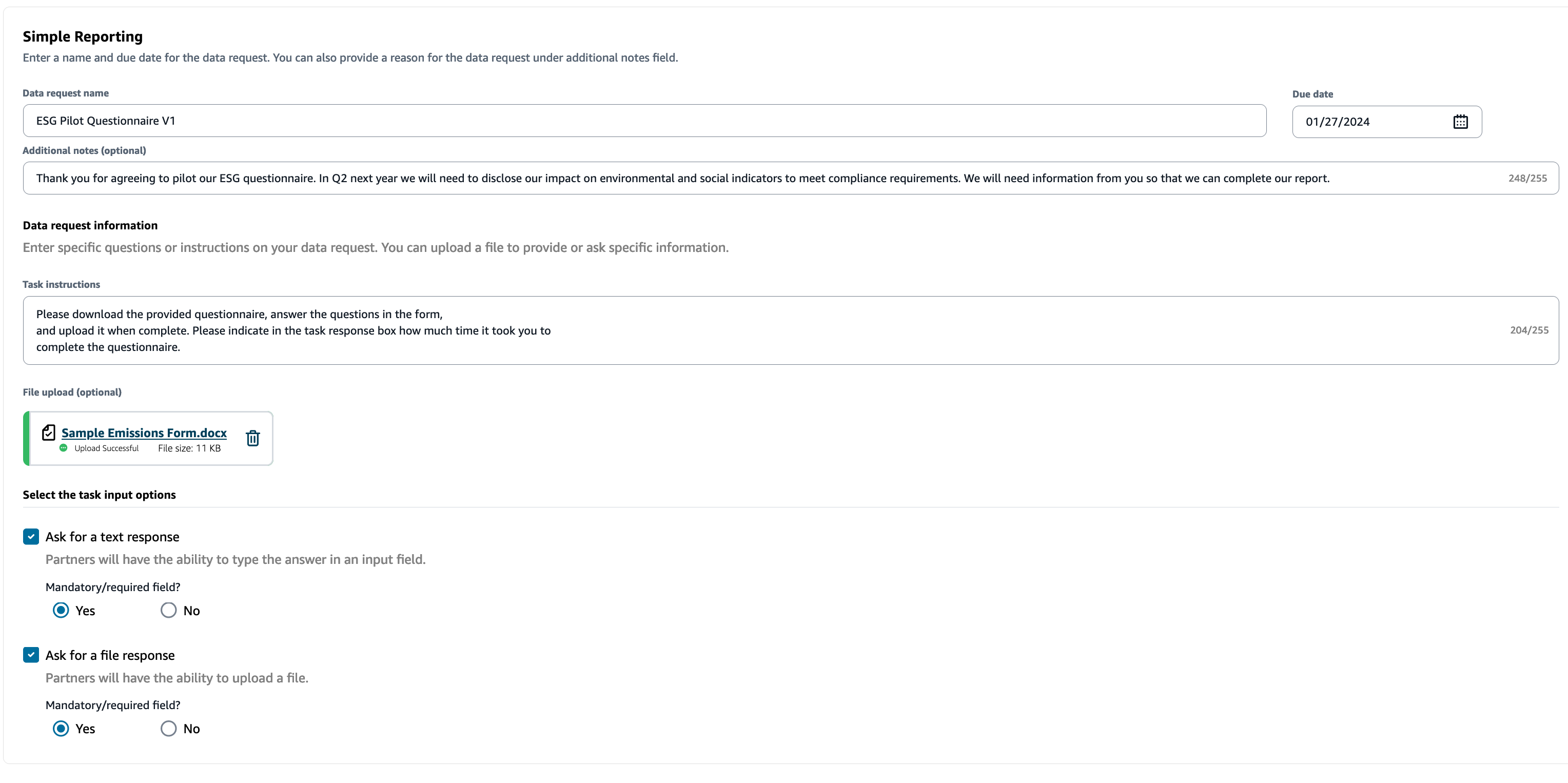 Exemplo piloto de dados ESG