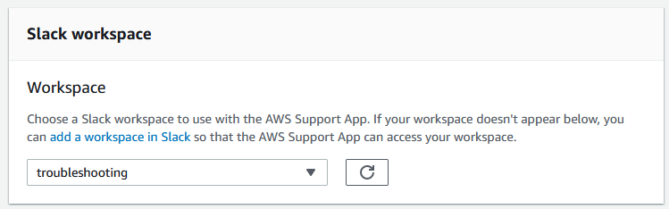 Espaço de trabalho do Slack onde você adiciona seu canal para o aplicativo AWS Support.