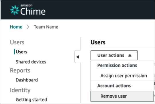 Escolha Remover usuário no menu Ação ao gerenciar uma conta de equipe