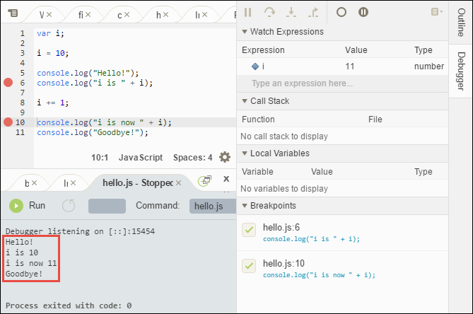 Guia hello.js com a saída da depuração