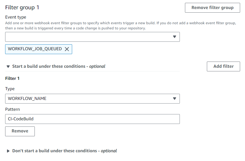 Um grupo de filtros do webhook aciona uma compilação para um nome de fluxo de trabalho que corresponde à expressão regular.