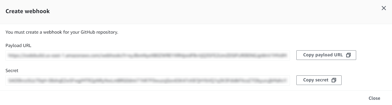 URL de carga útil e configuração de Segredo para webhooks manuais.
