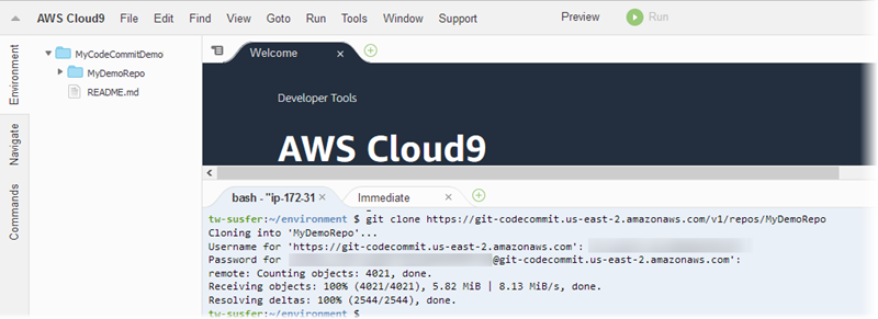 Clonando um repositório em. AWS Cloud9