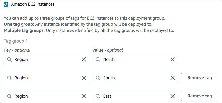 O CodeDeploy console mostrando um grupo de tags com três tags.