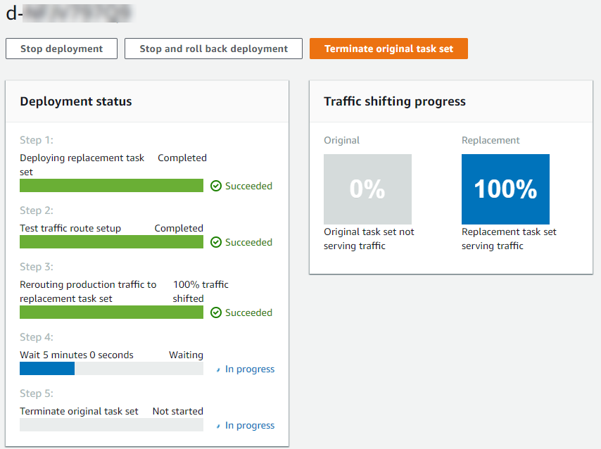 A seção de status de implantação do CodeDeploy console.