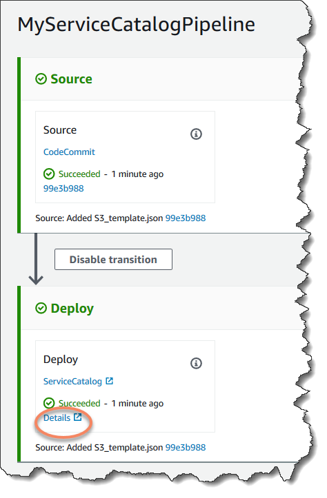 
              Visualizar o estágio de implantação do Service Catalog do pipeline
            