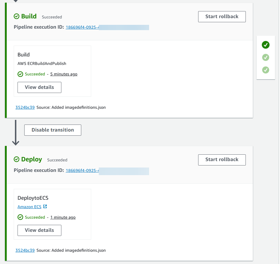 Um diagrama de console mostrando um pipeline executado com sucesso com a ação de criação do Amazon ECR e a ação de implantação do Amazon ECS adicionadas ao seu pipeline.