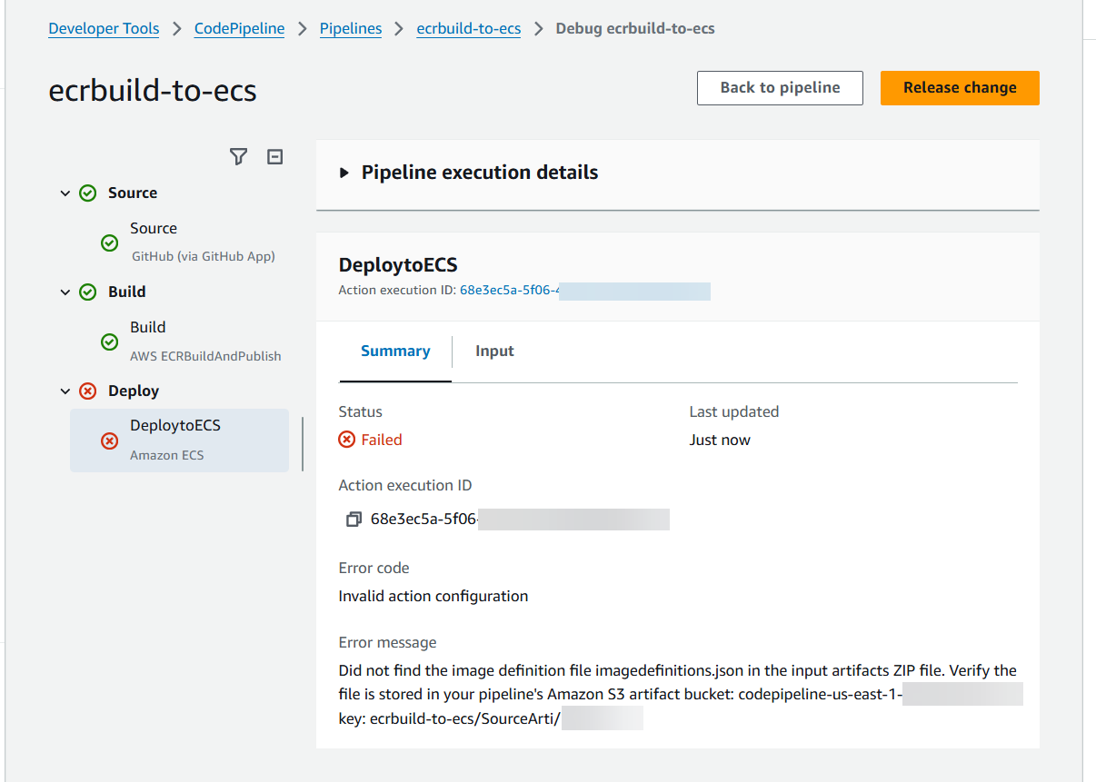 Visualize os registros da ação de criação do Amazon ECR em seu pipeline.