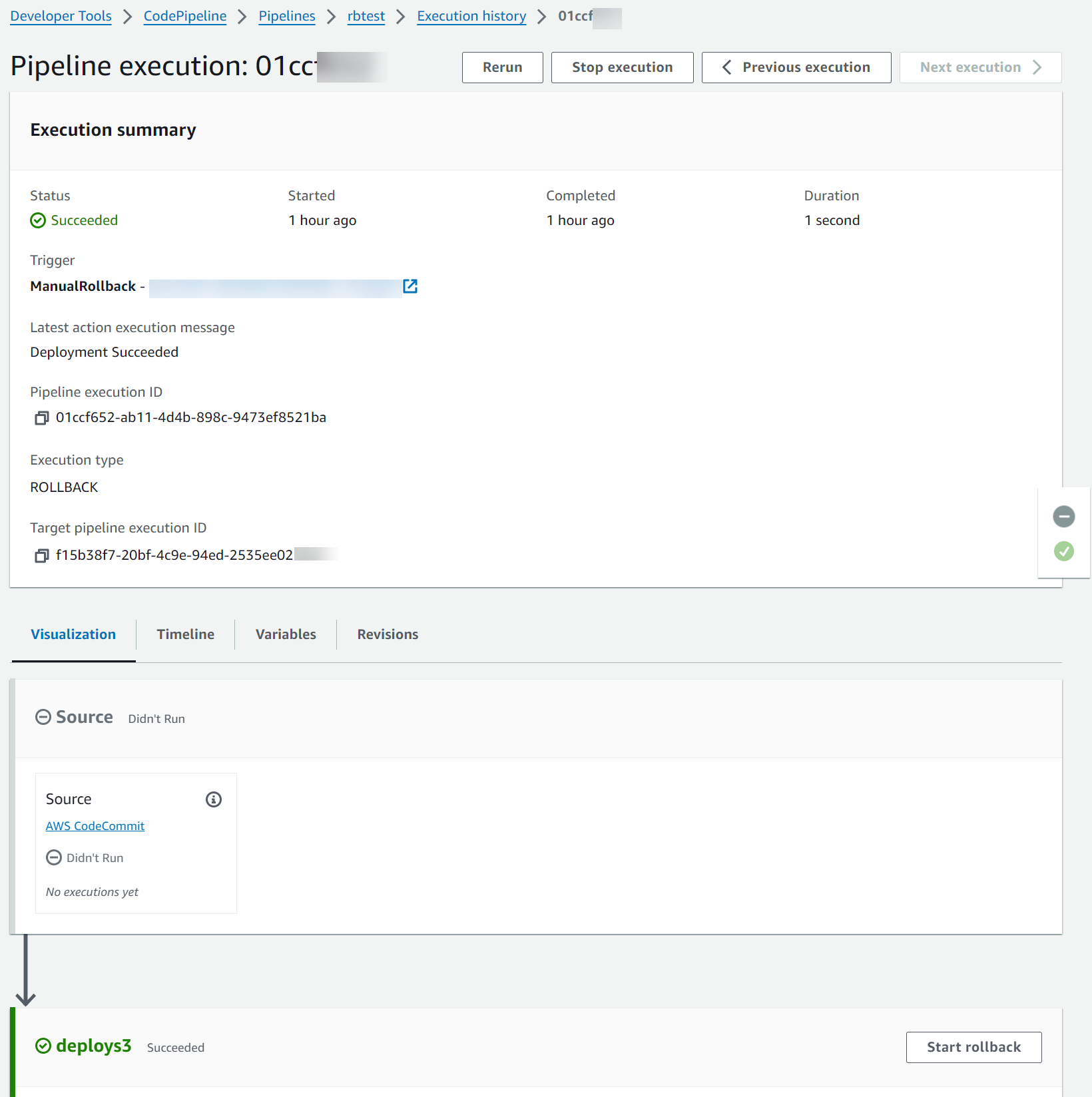 Um exemplo de página de status mostrando o campo ID de execução do pipeline de destino em CodePipeline.