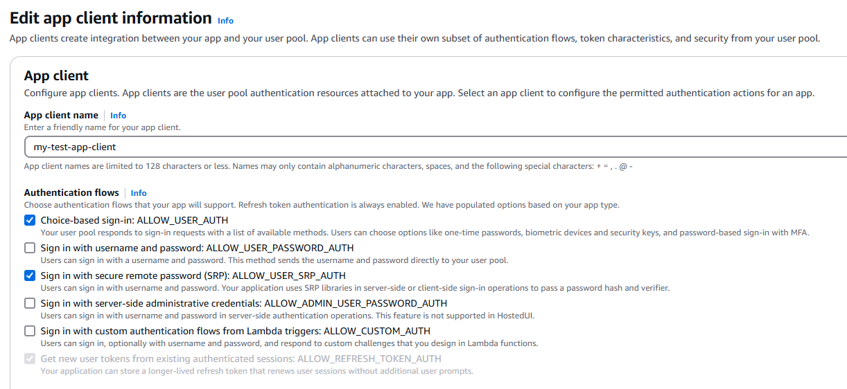 Uma captura de tela do console do Amazon Cognito que ilustra a escolha de fluxos seguros de autenticação remota por senha para um cliente de aplicativo. As opções ALLOW_USER_SRP_AUTH e ALLOW_USER_AUTH foram selecionadas.