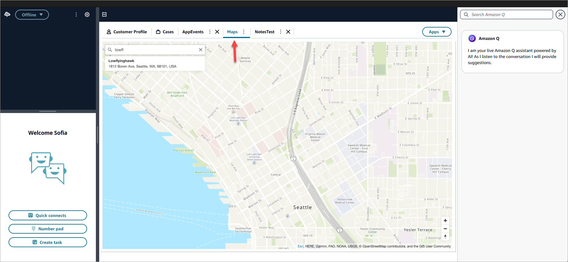 Um aplicativo de mapas de terceiros que está fixado no espaço de trabalho do agente.
