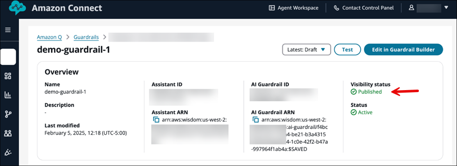 A página de proteção do AI, o status de visibilidade definido como Publicado.