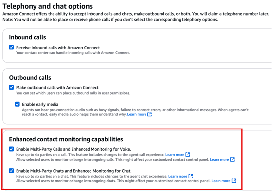 
                    A página Opções de telefonia e chat, a seção recursos de monitoramento de contatos aprimorados. 
                