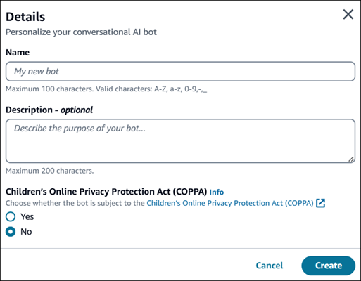 Página de detalhes da criação do bot com nome, descrição e configurações da COPPA.
