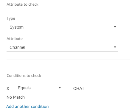 A seção Atributo para verificar definida como Canal, a seção Condições para verificar definida como chat.