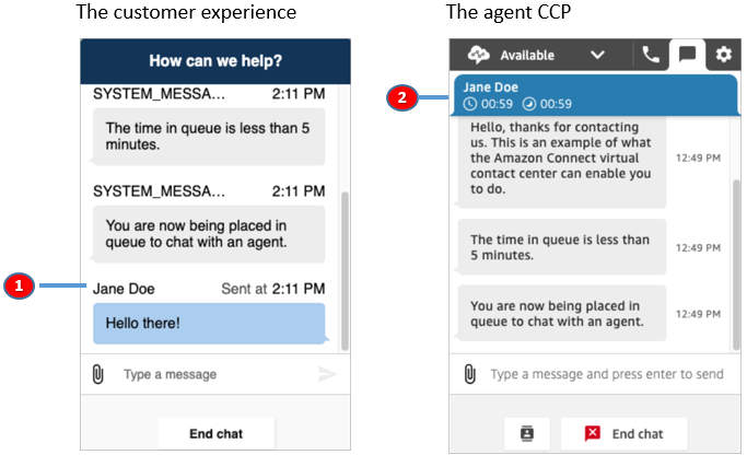 O nome do cliente na experiência de chat, o nome do cliente no CCP do atendente.