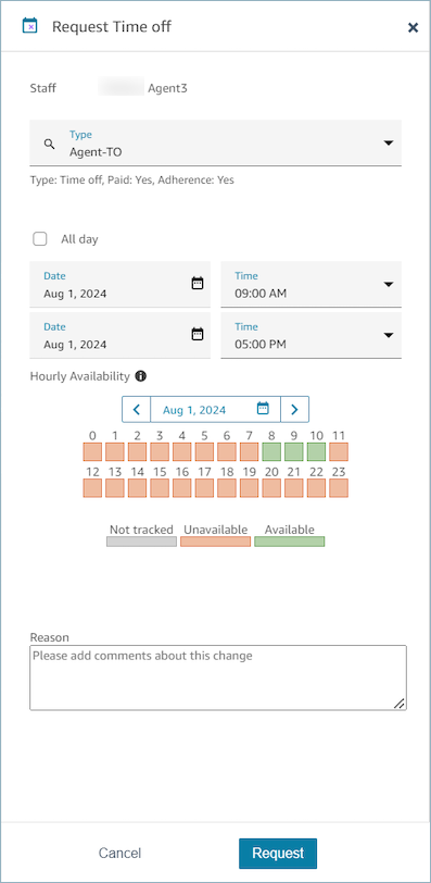 A exibição Calendário da programação, a seção Solicitar folga para atendentes.