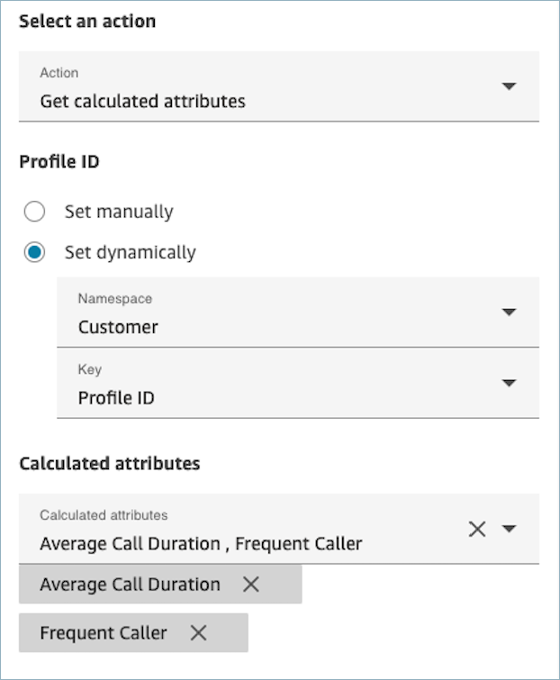 A página de propriedades do GetCalculatedAttributes bloco Perfis de clientes.