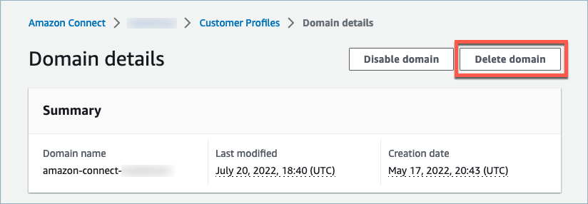 A página de exclusão do domínio do Amazon Connect Customer Profiles, o botão Excluir domínio.