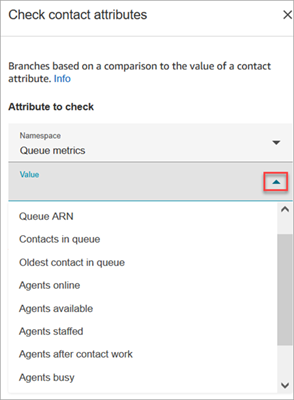 A página de propriedades do bloco Verificar atributos de contato, Namespace, está definido como Métricas de fila.