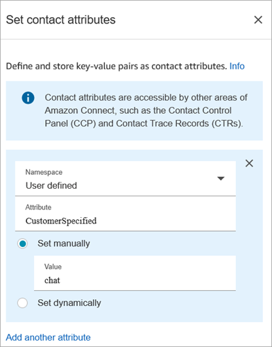 A página Propriedades do bloco Definir atributos de contato. O namespace está definido como Definido pelo usuário, Valor definido como chat.