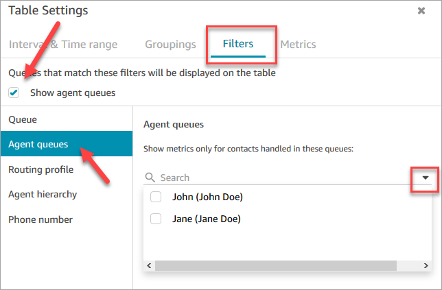 Uma página de configurações da tabela, a guia de filtros, a opção mostrar filas de atendentes, o menu suspenso de filas de atendentes.