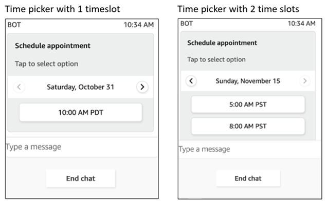 O modelo do seletor de horário que renderiza informações em um chat.